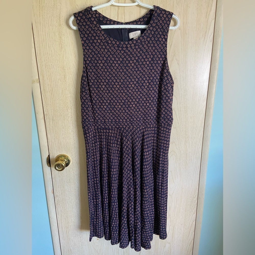 Ann Taylor LOFT Navy & Brown Coffee Bean print dress Sz XL